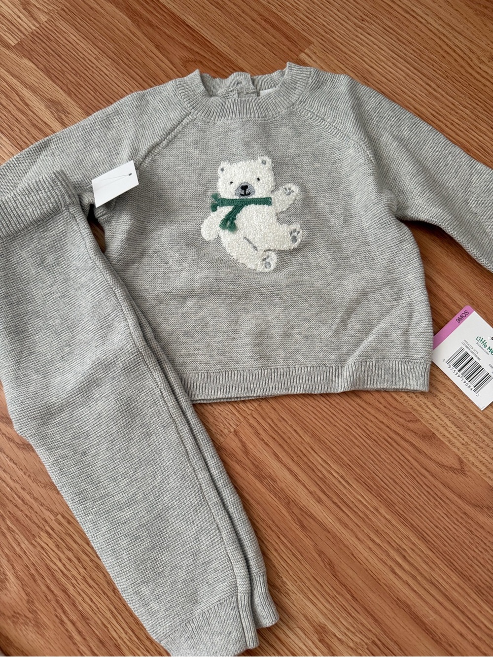 New Kids Little Me Grey Polar Bear Knit Sweater & Jogger Pants Set 9 months